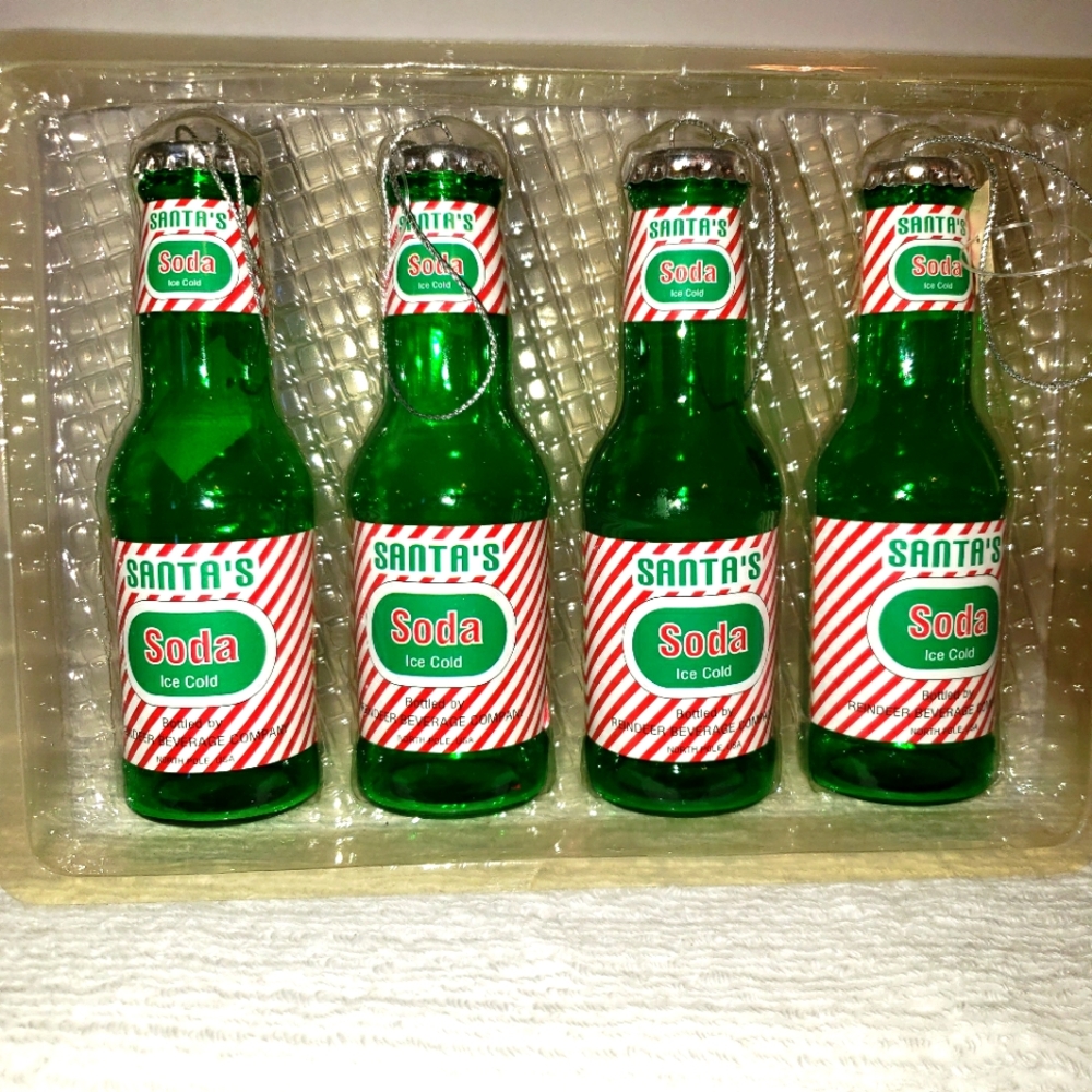 Vtg 1992 Christmas Ornament 4 Santa's Soda Green Bottles NWT Made For Dillard's